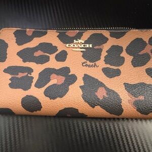 Coach Leopard Print Zip Wallet — Brown, Black & Rust Accents